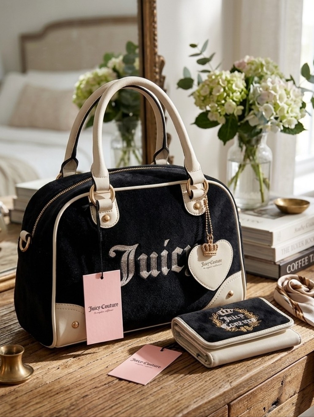 Juicy Couture Black And Cream Satchel With Wallet Heart Charm